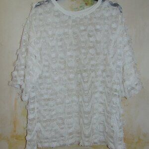 Zara Collection Top Womens Large White Mesh Furry Accent Lagen Look Chevron